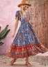 Boho Lace-Up Long V-Neck Print Dress